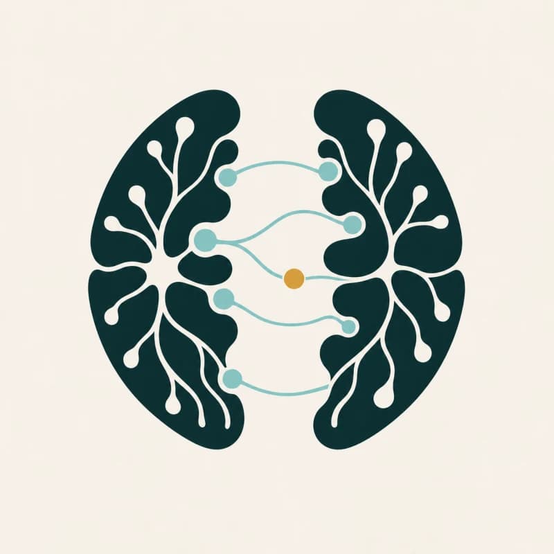 Neurobiological consultation symbol — two brain hemispheres joined by synapses