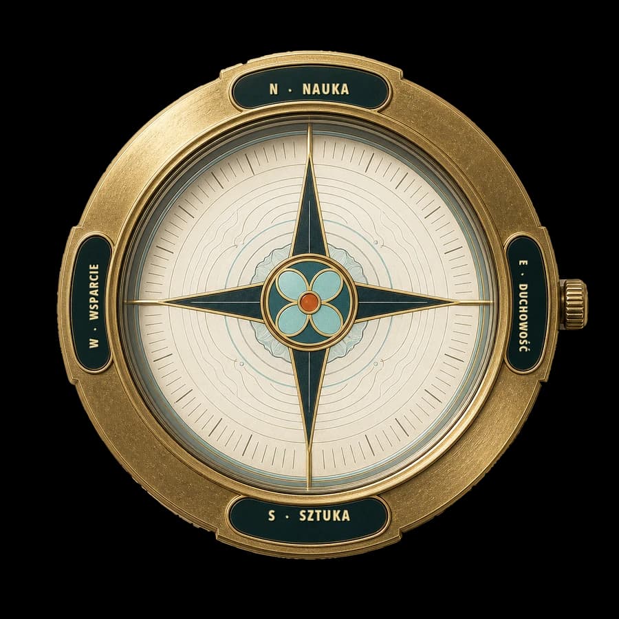 A compass pointing in four directions: Science, Spirituality, Art and Support