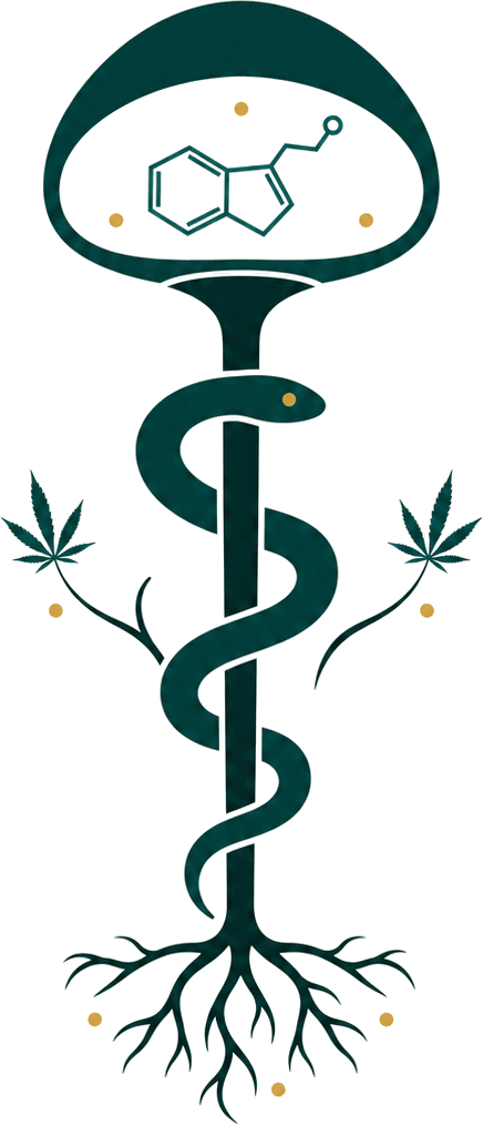 The SACRUM standard symbol — a serpent around an axis, a mushroom with a psilocybin molecule and cannabis leaves, roots at the base